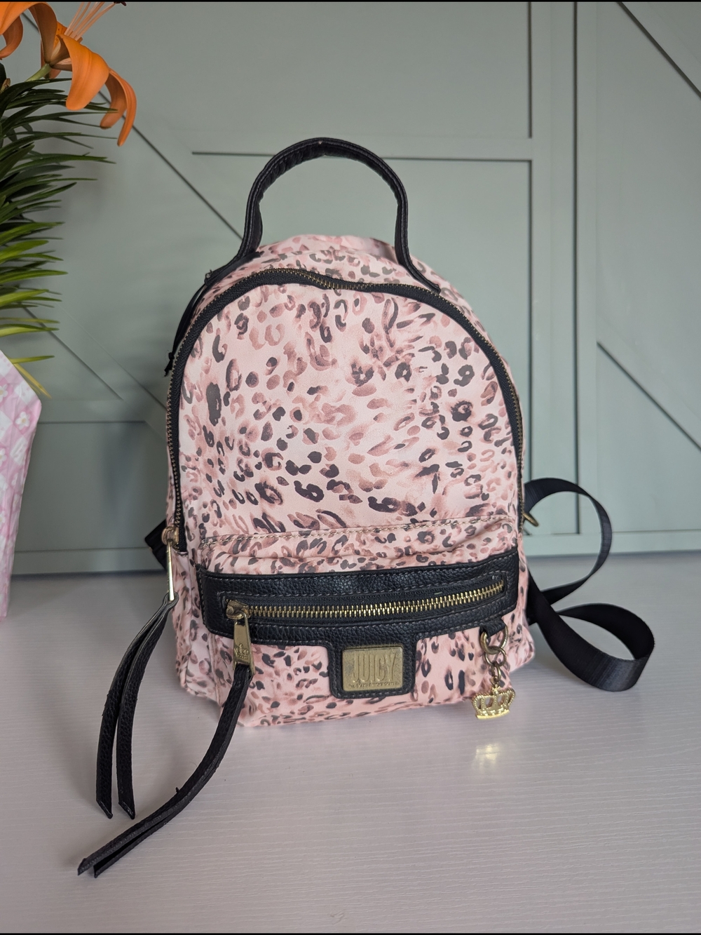 Juicy Couture Pink Leopard Mini Backpack with Black Trim